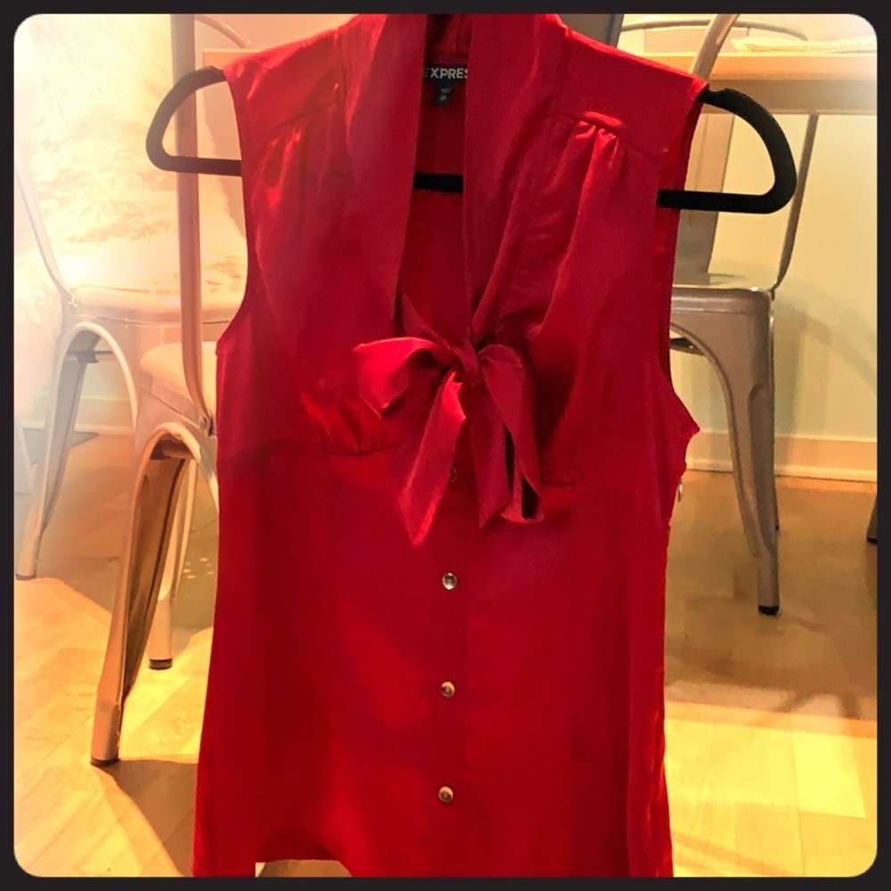 Ruby red satin sleeveless blouse necktie XS